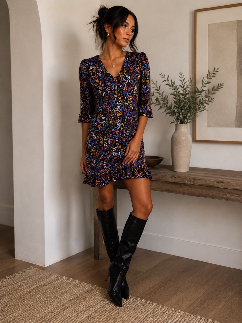 CeCe Floral V-Neck Ruffle Hem Mini Dress Size S NWT $89